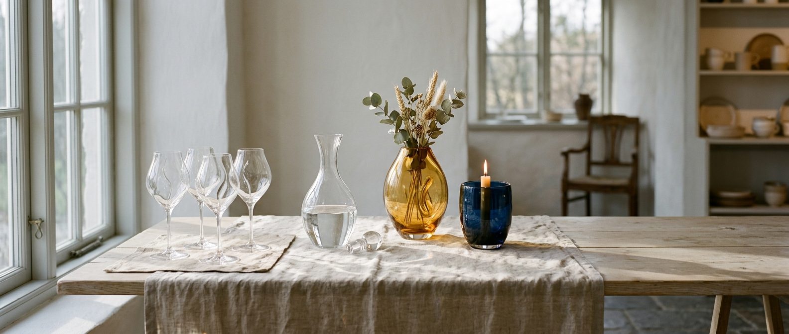 Bohemian crystal glasses, carafe, amber vase and a candle on a linen table